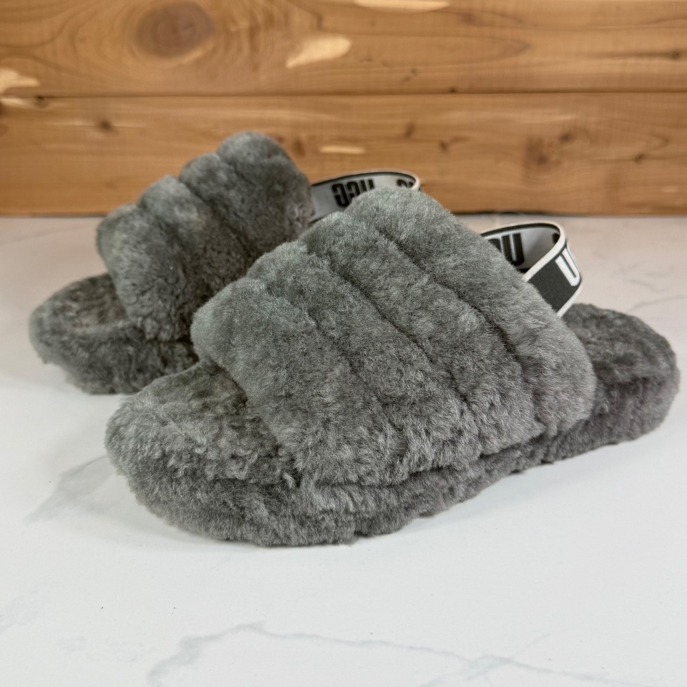 UGG Fluff Yeah Slide Charcoal Grey Kids Sheepskin Sandals Girl 2 Cozy Winter